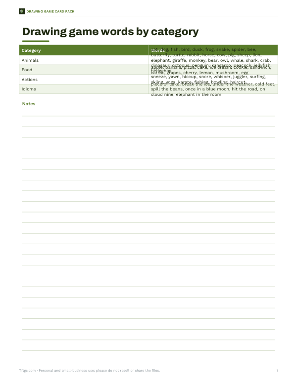 Preview of Printable Pictionary Word Categories Sheet